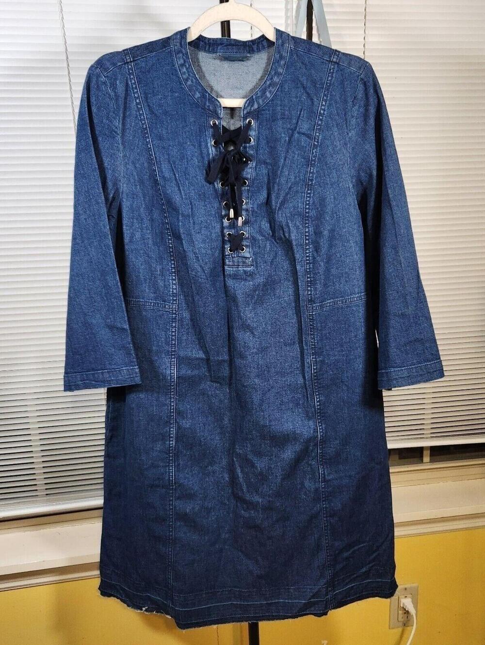 J Jill Denim Large Chambray Blue Cotton Stretch Lace Up Shift Dress - Picture 2 of 9